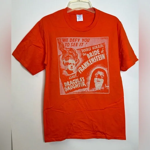 2/$20 ⭐ Men's Orange T Shirt Double Horror! The Bride of Frankestein Size S - Picture 1 of 4